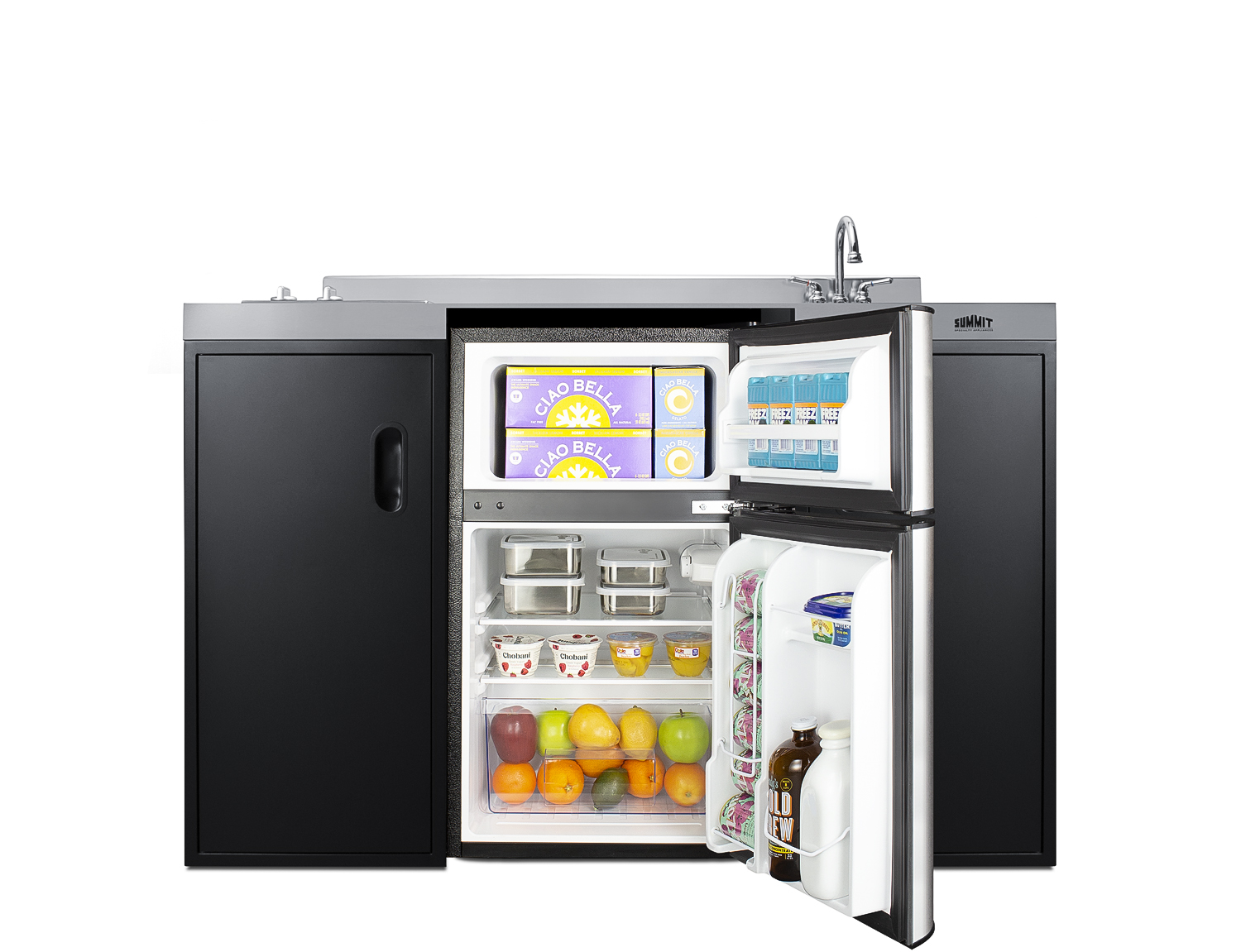 54 inch wide ADA counter height all-in-one kitchenette in black with a removable 2-burner 115V smooth top cooktop, 2-door refrigerator-freezer, sink, and two storage cabinets